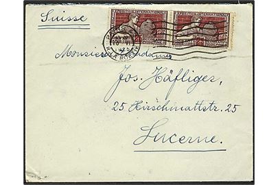 15 c., 25 c. (par) Kunstudstilling og 15 c. Pasteur på for- og bagside af brev fra Paris d. 10.6.1925 til Luzern, Schweiz.
