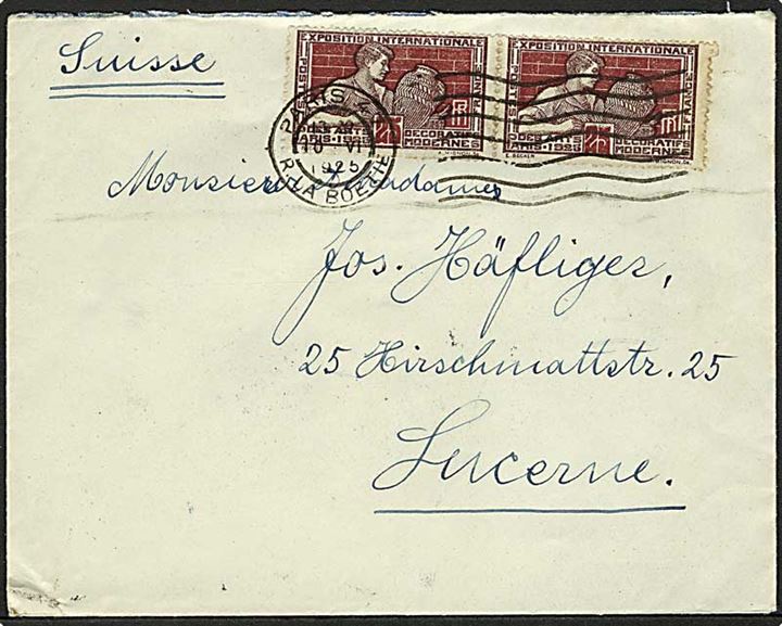 15 c., 25 c. (par) Kunstudstilling og 15 c. Pasteur på for- og bagside af brev fra Paris d. 10.6.1925 til Luzern, Schweiz.