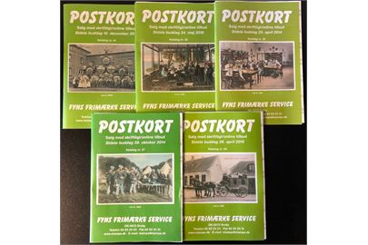 5 farve kataloger fra Fyns Frimærke Service postkort-auktioner: No. 35 (2014), No. 37 (2014), No. 39 (2015), No. 41 (2015) og No. 42 (2016) incl. resultatlister. God reference til over 5000 postkort som vi har udbudt på auktion. 