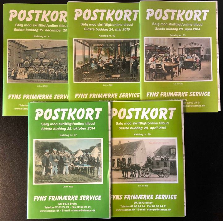 5 farve kataloger fra Fyns Frimærke Service postkort-auktioner: No. 35 (2014), No. 37 (2014), No. 39 (2015), No. 41 (2015) og No. 42 (2016) incl. resultatlister. God reference til over 5000 postkort som vi har udbudt på auktion. 