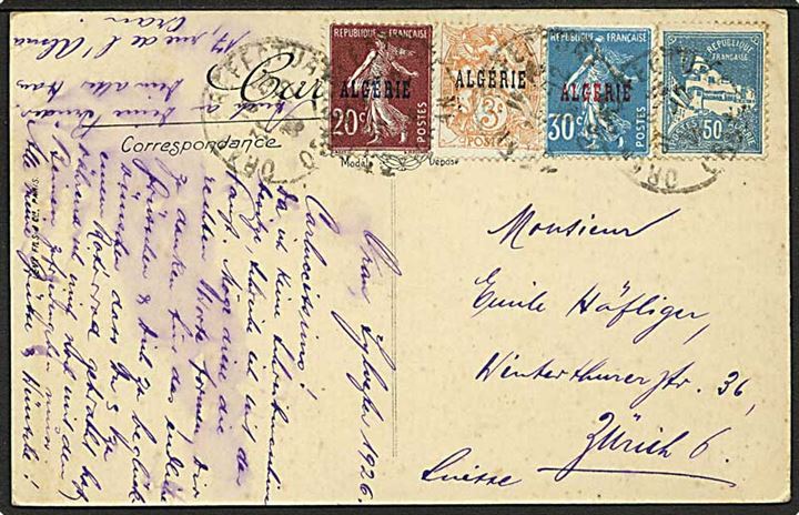 Algerie. Blandingsfrankeret brevkort fra Oran d. 30.12.1926 til Zürich, Schweiz.