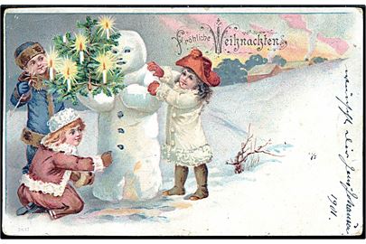 Børn med snemand. Tysk julekort no. 2617.