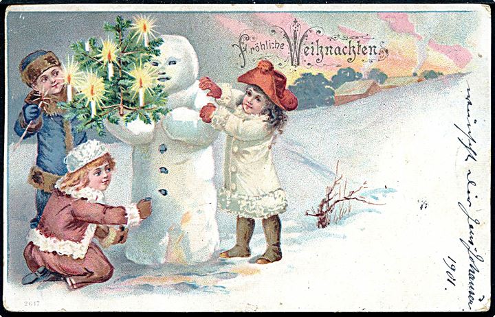 Børn med snemand. Tysk julekort no. 2617.