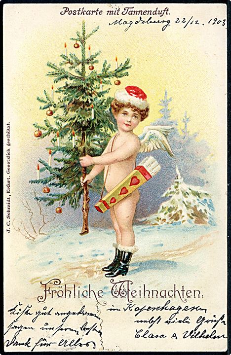 Englebarn med juletræ. Tysk julekort med granduft. J. C. Schmidt u/no.