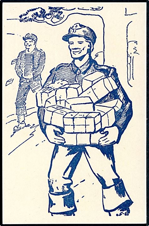 Patriotisk postkort med soldater med favnen fuld af feltpost. U/no.