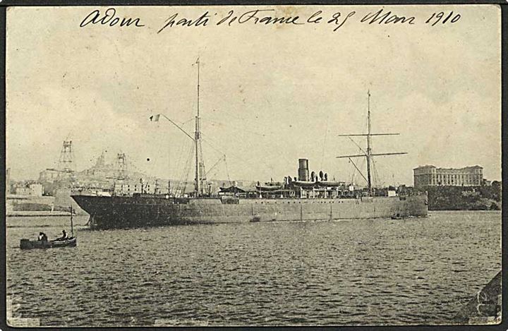 5 c. på brevkort (Fransk dampskib) annulleret med dampskibsstempel Marseille a la Reunion d. 3.3.1910 til Castres, Frankrig.
