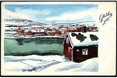 Thorshavn i sne. Tegnet julekort. H. N. Jacobsen no. 95792.