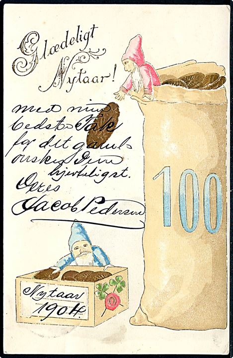 Nytårskort 1904 med nisser og pengesæk. U/no.