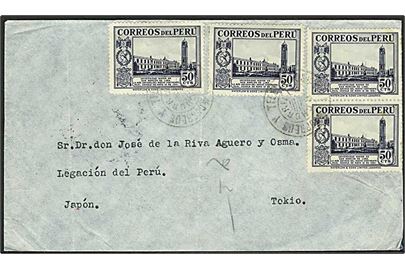 2,40 p. blandingsfrankering på for- og bagside af brev fra Lima 1938 til Tokyo, Japan. 2 mærker beskadiget. Interessant destination.