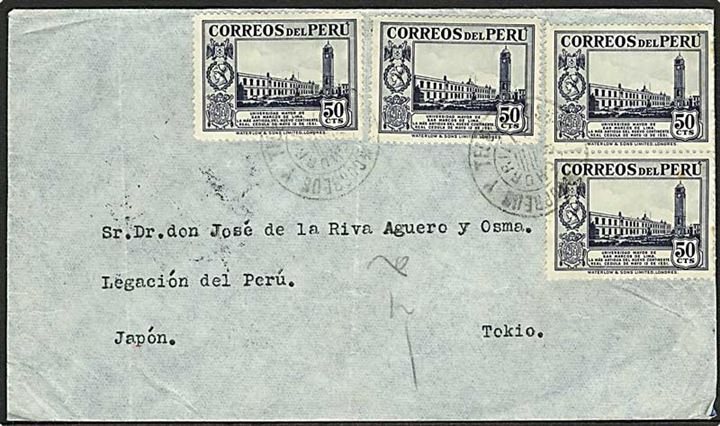 2,40 p. blandingsfrankering på for- og bagside af brev fra Lima 1938 til Tokyo, Japan. 2 mærker beskadiget. Interessant destination.