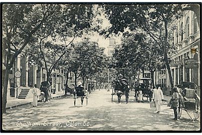 Ceylon, Colombo, Chatham Street. No. 442. Frankeret med 2 c. Edward VII i 3-stribe fra Colombo d. 4.6.1912 til Aarhus, Danmark.