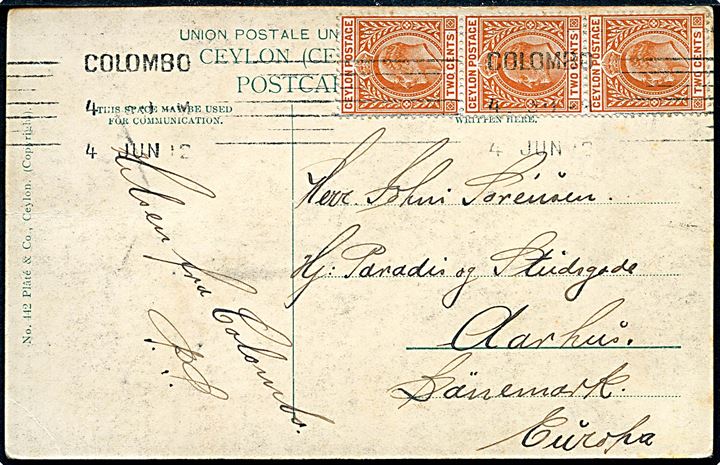 Ceylon, Colombo, Chatham Street. No. 442. Frankeret med 2 c. Edward VII i 3-stribe fra Colombo d. 4.6.1912 til Aarhus, Danmark.