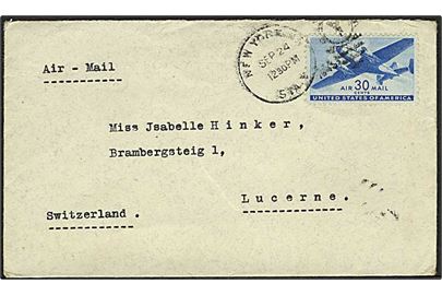 30 c. Transport single på luftpostbrev fra New York d. 24.9.1945 til Lucerne, Schweiz.