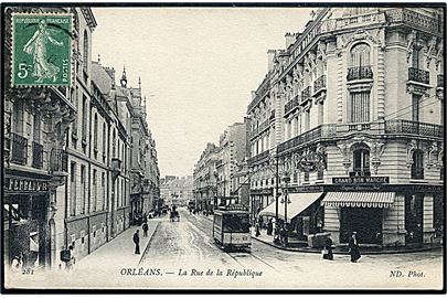 Frankrig, Orleans, La Rue de la Republique med sporvogn. No. 281.