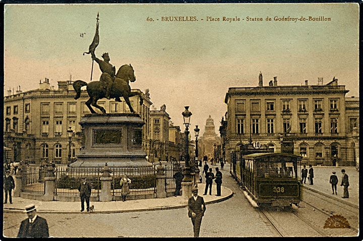 Belgien, Bruxelles, Place Royale - Statue de Godefroy-de-Bouillon med sporvogne. No. 60.