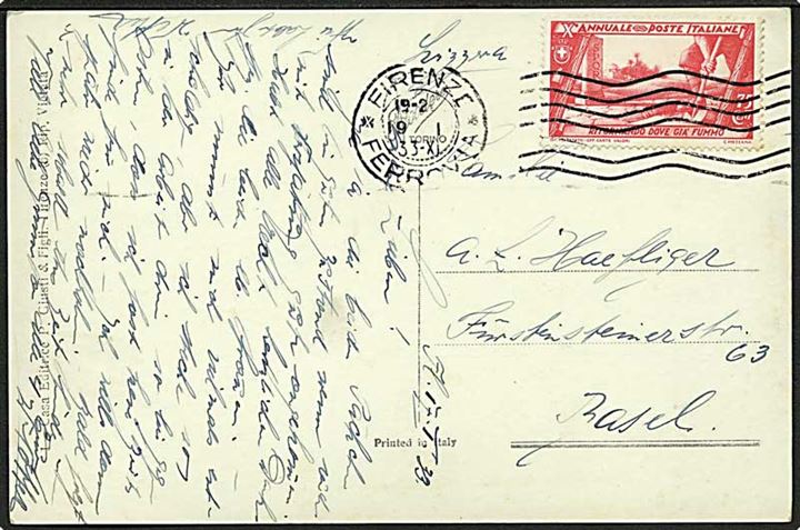 75 c. på brevkort fra Firenze d. 19.1.1933 til Basel, Schweiz.