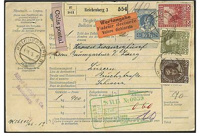 20 h., 30 h. og 60 h. på adressekort for værdipakke fra Reichenberg d. 4.6.1915 via Feldkirch til Luzern, Schweiz.