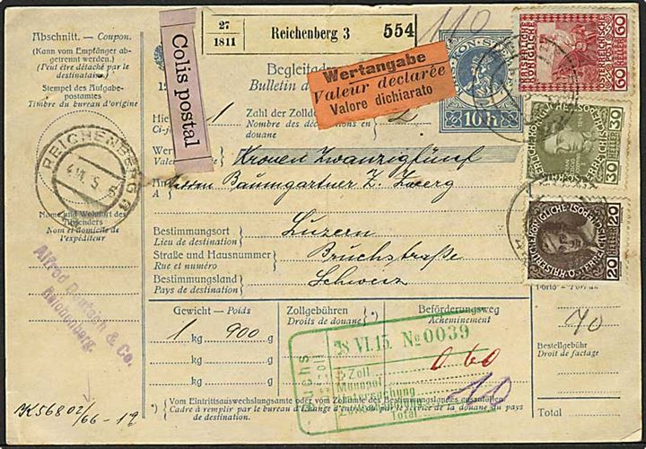 20 h., 30 h. og 60 h. på adressekort for værdipakke fra Reichenberg d. 4.6.1915 via Feldkirch til Luzern, Schweiz.