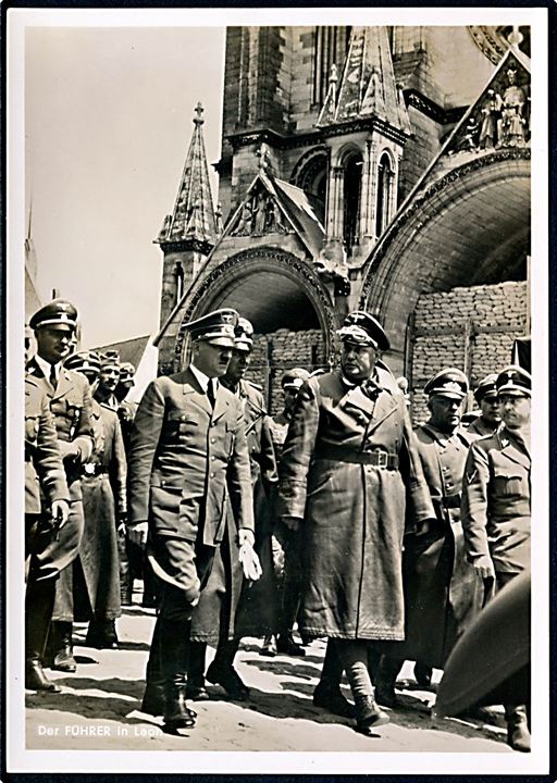 Adolf Hitler i Laon, Frankrig. Frankeret med både dansk 10+5 øre Børneforsorg og tysk 6+24 pfg. Tag der Briefmarke 1942 og annulleret med tysk skibsstempel Deutsche Seepost Gjedser-Warnemünde F.b. d. 20.2.1942 til Wien.