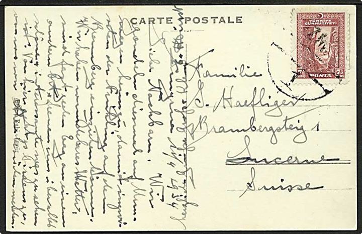 7 k. på brevkort fra Izmir d. 11.4.1934 til Luzern, Schweiz.