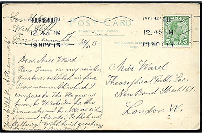 5 øre Chr. X på brevkort (Bournemouth) annulleret med engelsk stempel i Bournmouth d. 19.11.1913 til London. Antagelig ulovlig anvendelse af dansk frankatur i England. Ikke udtakseret i porto.