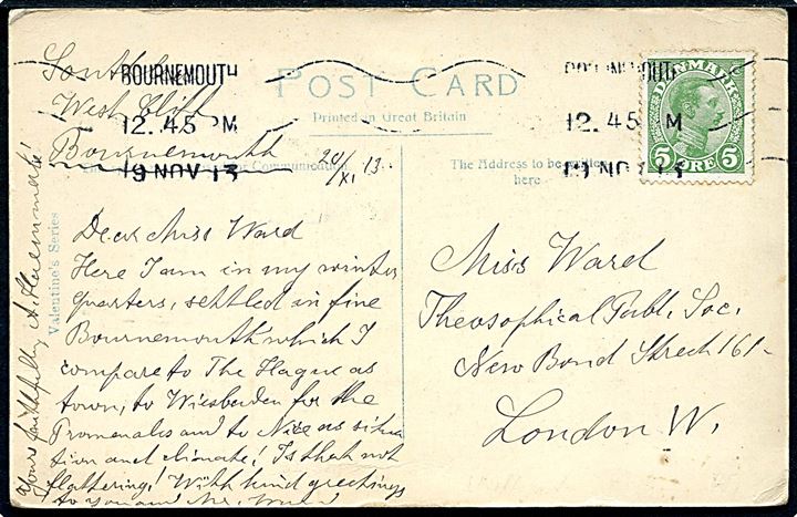 5 øre Chr. X på brevkort (Bournemouth) annulleret med engelsk stempel i Bournmouth d. 19.11.1913 til London. Antagelig ulovlig anvendelse af dansk frankatur i England. Ikke udtakseret i porto.