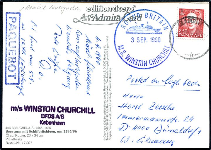 3,50 kr. Margrethe på brevkort fra M/S Winston Churchill d. 3.9.1990 annulleret med britisk stempel i Glasgow og sidestemplet Paquebot til Düsseldorf, Tyskland. Sendt fra DFDS krydstogt Round Britain.