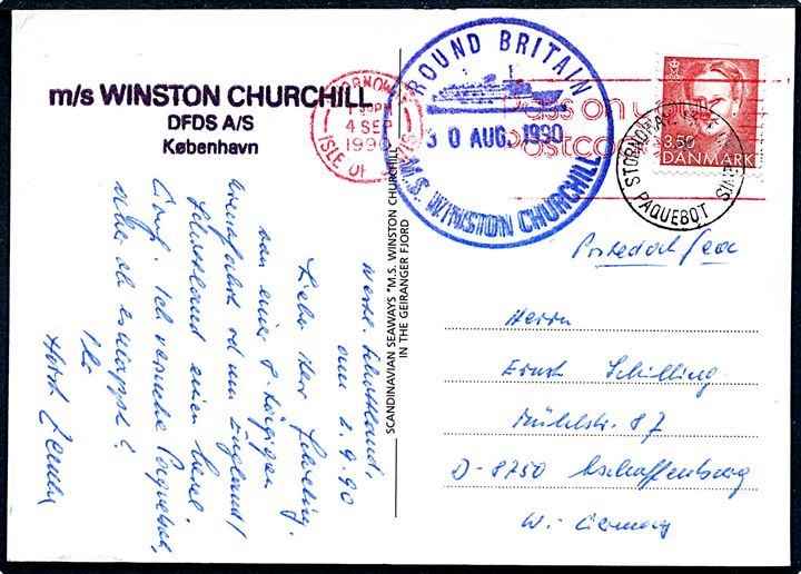 3,50 kr. Margrethe på brevkort (DFDS færgen M/S Winston Churchill) annulleret med britisk stempel Stornoway Isle of Lewis Paquebot d. 4.9.1990 og sidestemplet Round Britain / M.S. Winston Churchill d. 30.8.1990 til Aschaffenburg, Tyskland.