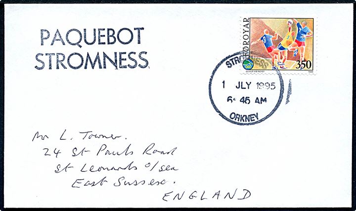3,50 kr. Ø-Legene på brev annulleret med skotsk stempel Stromness Orkney d. 1.7.1995 og sidestemplet Paquebot Stromness til St. Leonards o/Sea, England.
