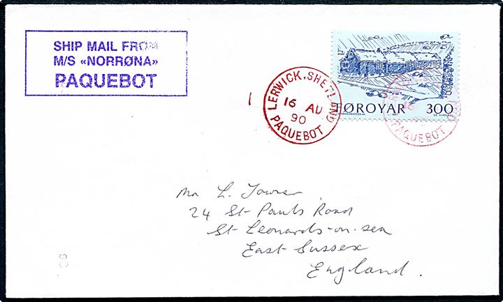 300 øre Bondegård på skibsbrev annulleret med rødt stempel Lerwick, Shetland Paquebot d. 16.8.1990 til St. Leonards on Sea, England. Privat skibsstempel: Ship Mail from M/S Norrøna Paquebot.