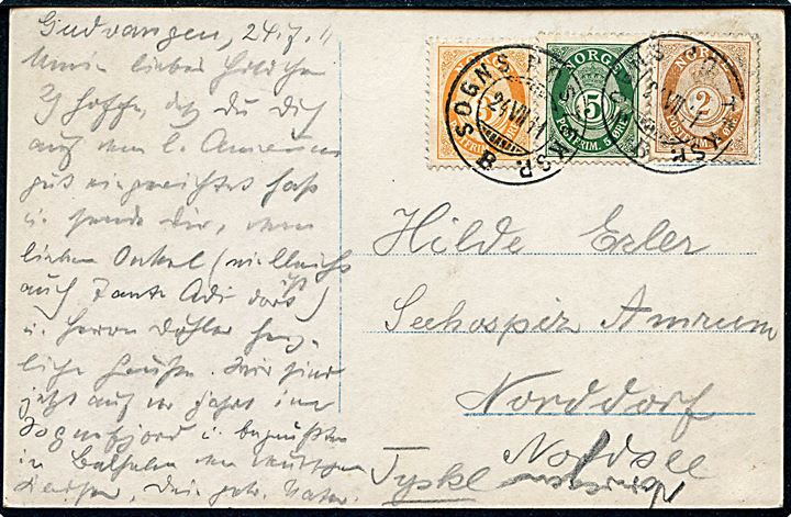 2 øre, 3 øre og 5 øre Posthorn på brevkort (Gudvangen. Mittet & Co. no. 411) annulleret med sejlende bureaustempel Sogns Posteksped. B d. 24.7.1911 til Norddorf, Tyskland.