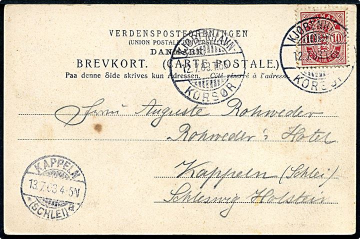 10 øre Våben på brevkort fra Kjøbenhavn annulleret med bureau Kjøbenhavn - Korsør T.65 d. 12.7.1903 til Kappeln, Tyskland.