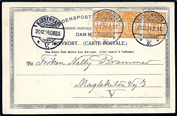 1 øre Våben i vandret 3-stribe på lokalt brevkort i Kjøbenhavn d. 30.12.1904.