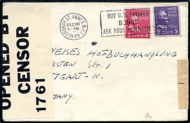 2 cents Adams og 3 cents Jefferson på brev fra Church St. Annex. New York d. 28.12.1939 til Stuttgart, Tyskland. Dobbeltcensureret med tidlig britisk censur PC66/1761 og tysk banderole fra Berlin.