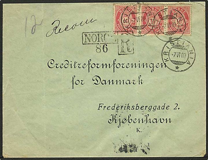 10 øre Posthorn i 3-stribe på anbefalet brev fra Kristiania d. 7.6.1909 til København, Danmark.