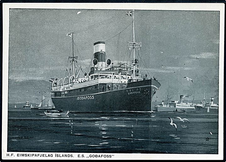 Godafoss, S/S, Hf. Eimskipafelag Islands. Sænket af tysk ubåd U300 d. 10.11.1944 på rejse fra USA til Island. Reklamekort u/no.
