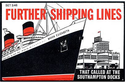 Skibsfartsreklamer. Serie med gengivelse af 6 plakater for dampskibsselskaber som anløb Southampton. Samlekuvert medfølger. Dalkeith Set S46 med kort D271-D276.