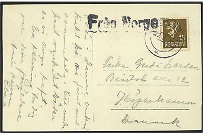 15 øre Løve på brevkort fra Narvik annulleret med svensk bureaustempel PKP 53B d. 27.8.1932 og sidestemplet Från Norge til København, Danmark.