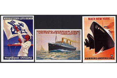 Dampskibsreklamer. 9 reproduktioner af plakater fra forskellige tyske dampskibsselskaber.