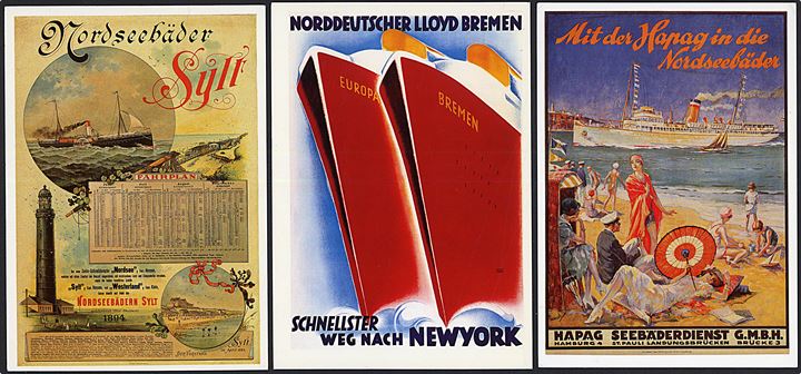 Dampskibsreklamer. 9 reproduktioner af plakater fra forskellige tyske dampskibsselskaber.