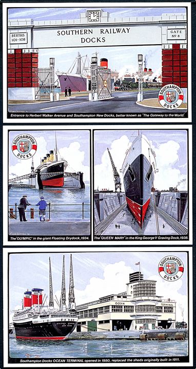 Southampton Docks. Serie med 6 nyere kort med gengivelse af skibsfart, jernbane og fly i Southampton Docks. Dalkeith D157-D162.