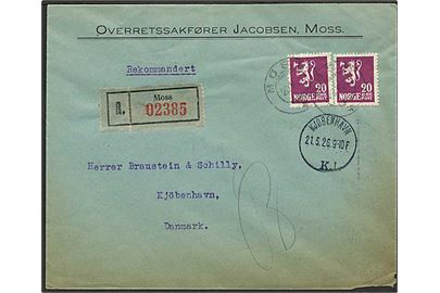 20 øre Løve (2) på anbefalet brev fra Moss d. 20.5.1926 til København, Danmark.
