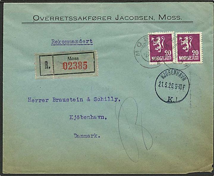 20 øre Løve (2) på anbefalet brev fra Moss d. 20.5.1926 til København, Danmark.