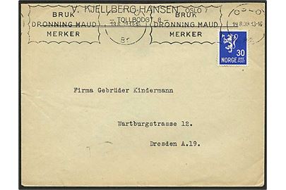 30 øre Løve på brev fra Oslo d. 19.8.1939 til Dresden, Tyskland. Bagklap mgl.