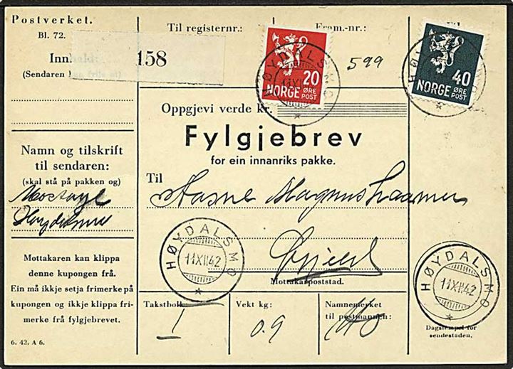 20 øre og 40 øre Løve på adressebrev for pakke fra Høydalsmo d. 11.12.1942 til Øyfjell.