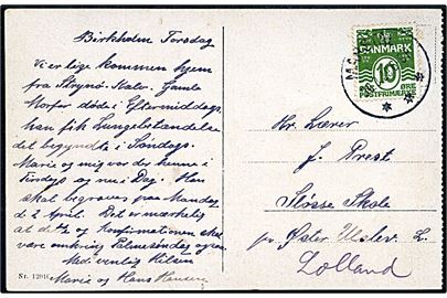10 øre Bølgelinie på brevkort dateret Birkholm Torsdag (27.3.1930) annulleret Marstal d. 30.3.1930 til Sløsse Skole pr. Øster Ulslev, Lolland. Interessant brevkort skrevet på den lille ø Birkholm (68 indbyggere 1928) og befordret med postbåden til Marstal. Teksten omtaler et besøg på den nærliggende ø Strynø Kalv, hvor der kun boede 27 indbyggere. 