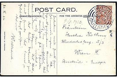 1½d George V på brevkort (Cunard line S/S Samaria) annulleret med irsk skibsstempel Paquebot Gaillimh (Galway) d. 23.7.1932 til Wien, Østrig.