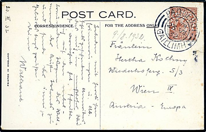1½d George V på brevkort (Cunard line S/S Samaria) annulleret med irsk skibsstempel Paquebot Gaillimh (Galway) d. 23.7.1932 til Wien, Østrig.