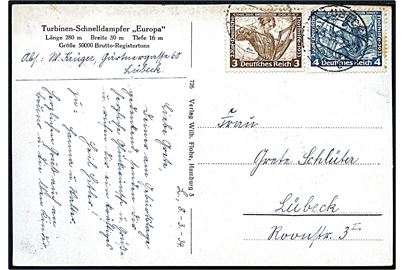 3+2 pfg. og 4+2 pfg. Deutsche Nothilfe udg. på brevkort (S/S Europa, NDL) fra Lübeck d. 8.3.1934 til Lübeck.