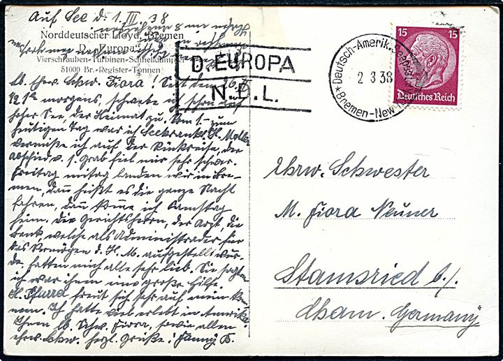 15 pfg. Hindenburg på brevkort (NDL damper Europa) annulleret med skibsstempel D. Europa N.D.L./Deutsch-Amerik. Seepost * Bremen - New York * d. 2.3.1938 til Stamsreid, Tyskland.